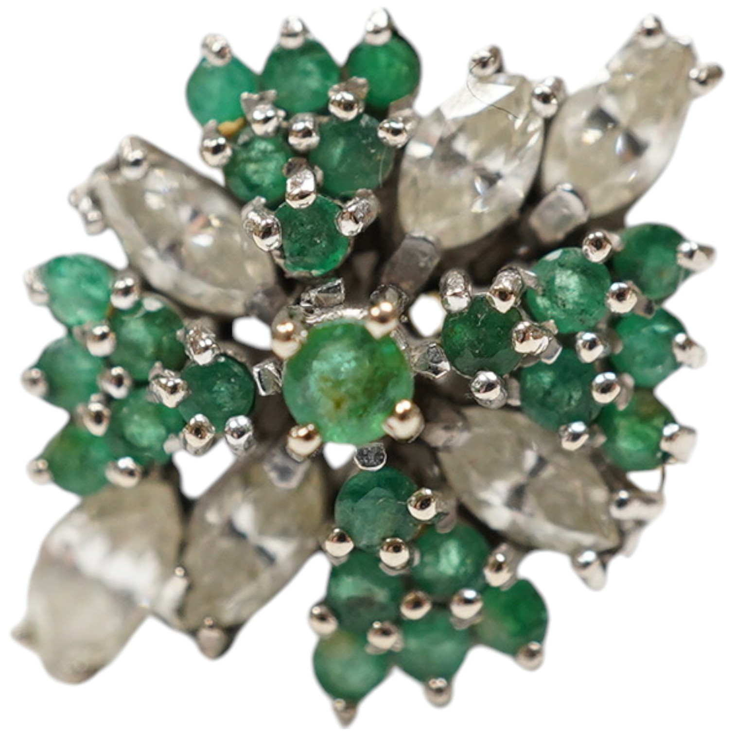 A modern 14ct gold, marquise cut diamond and round cut emerald cluster ring, size P/Q, gross weight 5.5 grams. Condition - poor to fair.